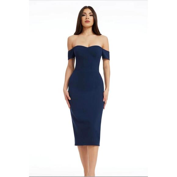 Dress the Population Dresses & Skirts - Dress The Population Off the Shoulder Elegant Midi Navy Dress Women's Small